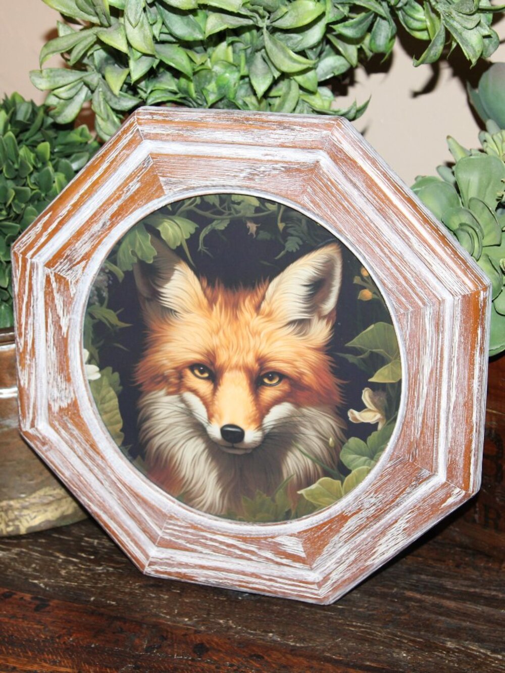 Rustic Woodland Fox Farmhouse Wall Decor Picture in VTG Octagon Frame
